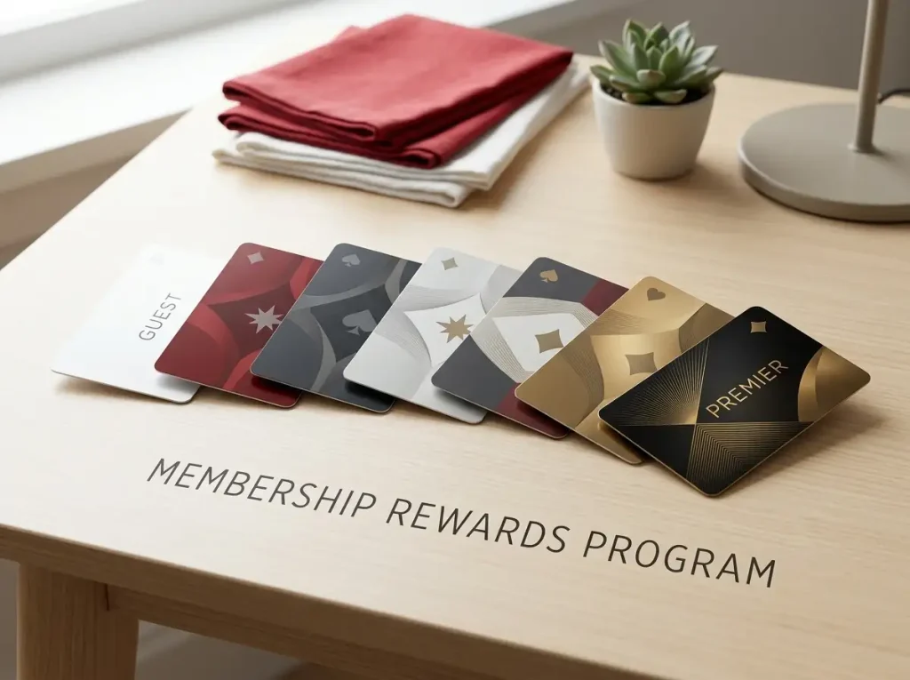 Seven abstract loyalty-tier cards arranged as a progression beside casino game symbols