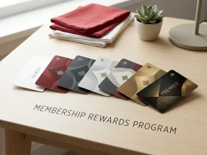 Seven abstract loyalty-tier cards arranged as a progression beside casino game symbols