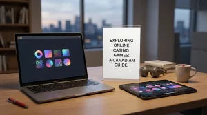 Laptop showing abstract game tiles beside a tablet on a clean entertainment desk