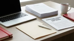 Laptop beside neatly arranged regulatory documents and a pen on a neutral office desk