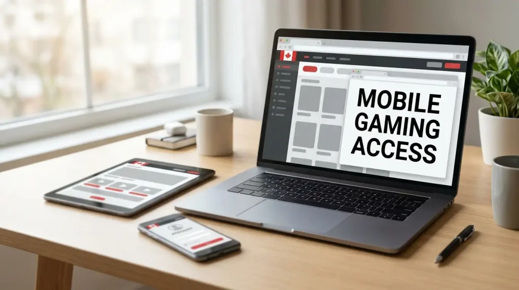 Smartphone and tablet beside a laptop showing abstract casino game tiles in a browser