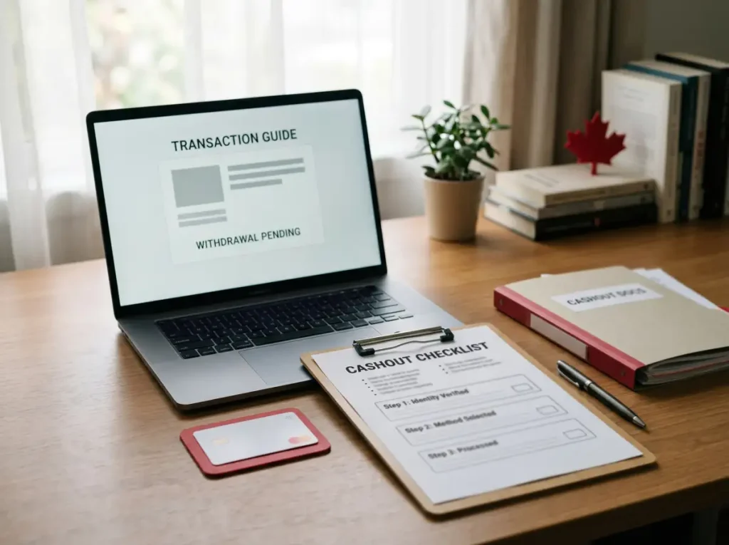 Laptop beside a bank card and a printed cashout checklist on a tidy desk