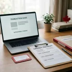 Laptop beside a bank card and a printed cashout checklist on a tidy desk